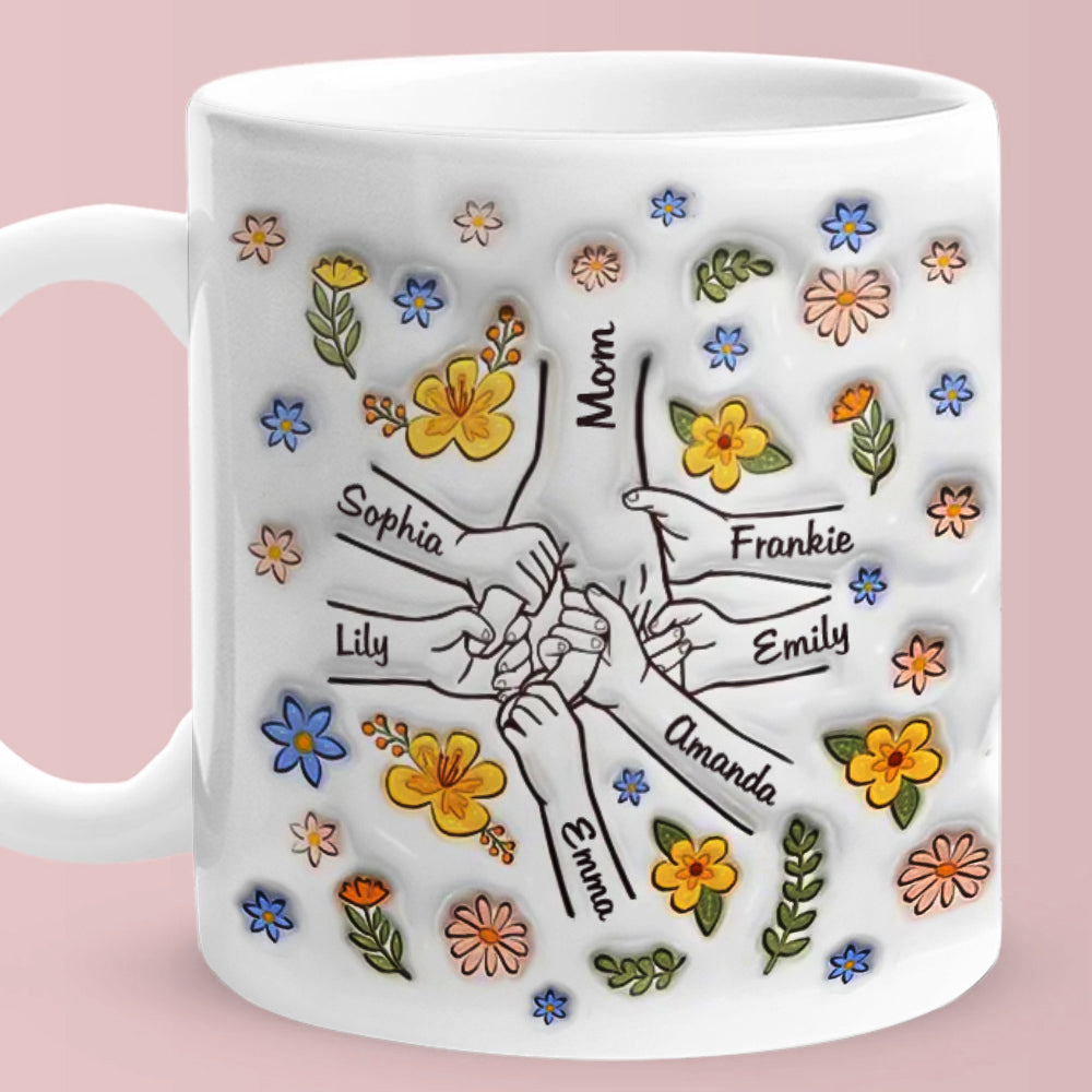 Personalised Names Engraved Hand in Hand Mug with Floral Mother's Day Gifts