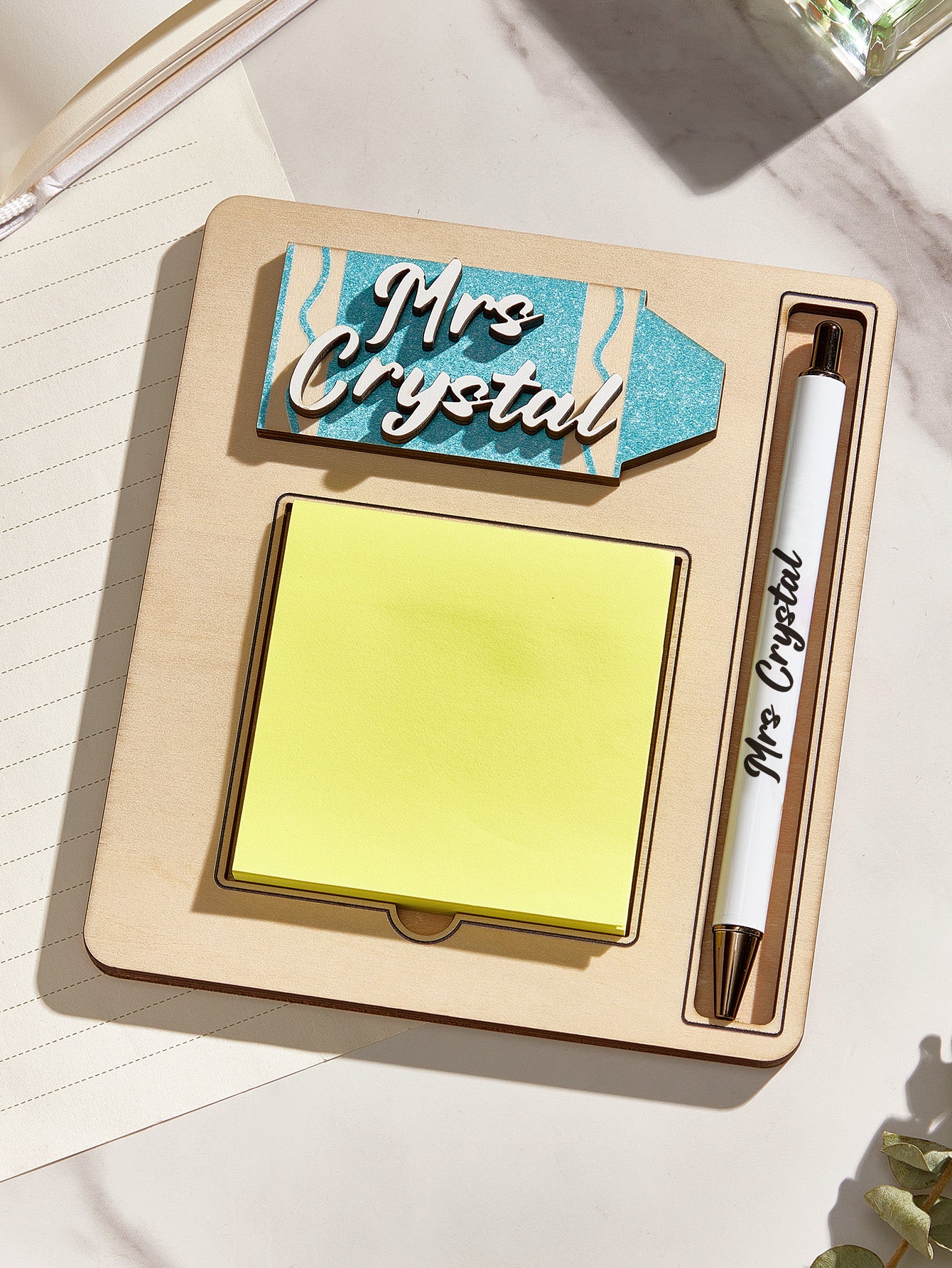 Personalised Name Sticky Note Wooden Holder with Pen Appreciation Gift for Teacher