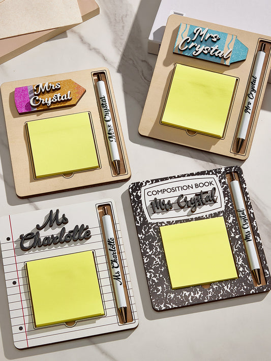 Personalised Name Sticky Note Wooden Holder with Pen Appreciation Gift for Teacher