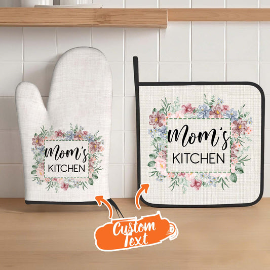 Personalised Flower Insulation Oven Mitt and Pot Holder Set with Text Kitchen Decor Gift for Mam